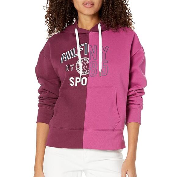 TOMMY HILFIGER SPORT Women's Colorblock Split Logo Hoodie XL Purple Crewneck NWT - Picture 1 of 11